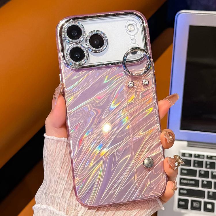 For iPhone 14 Pro Max Plating Ripples Texture Wristband Holder TPU Phone Case with Lens Film