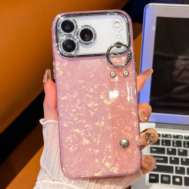 For iPhone 15 Plating Shell Texture Wristband Holder TPU Phone Case with Lens Film