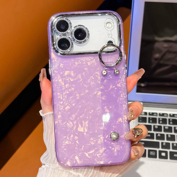 For iPhone 13 Plating Shell Texture Wristband Holder TPU Phone Case with Lens Film