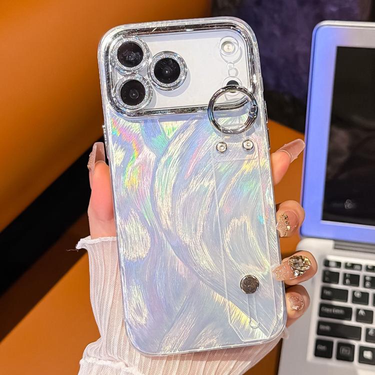 For iPhone 17 Pro Max Plating Feather-Gauze Texture Wristband Holder TPU Phone Case with Lens Film