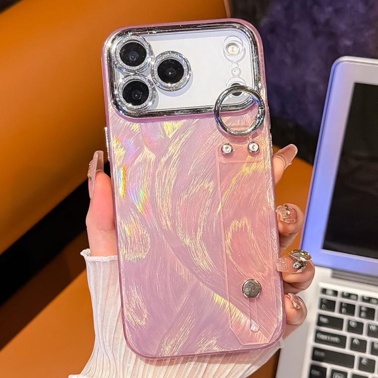 For iPhone 15 Plating Feather-Gauze Texture Wristband Holder TPU Phone Case with Lens Film