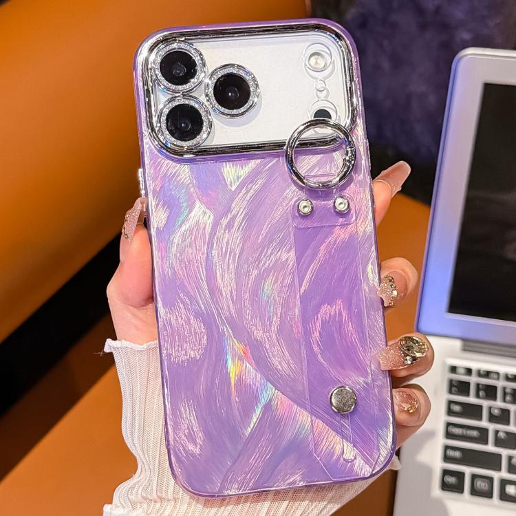For iPhone 14 Pro Max Plating Feather-Gauze Texture Wristband Holder TPU Phone Case with Lens Film