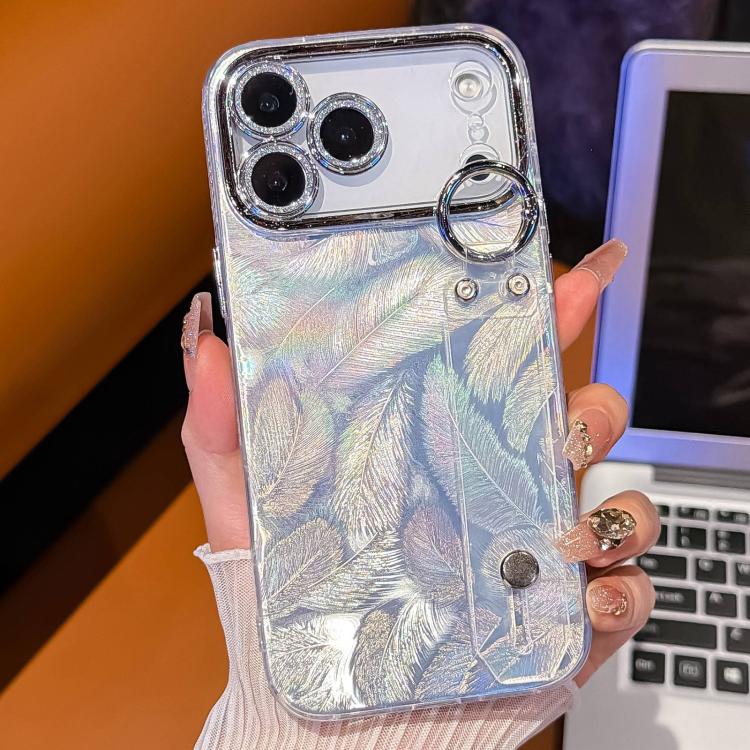 For iPhone 17 Pro Plating Feather Texture Wristband Holder TPU Phone Case with Lens Film