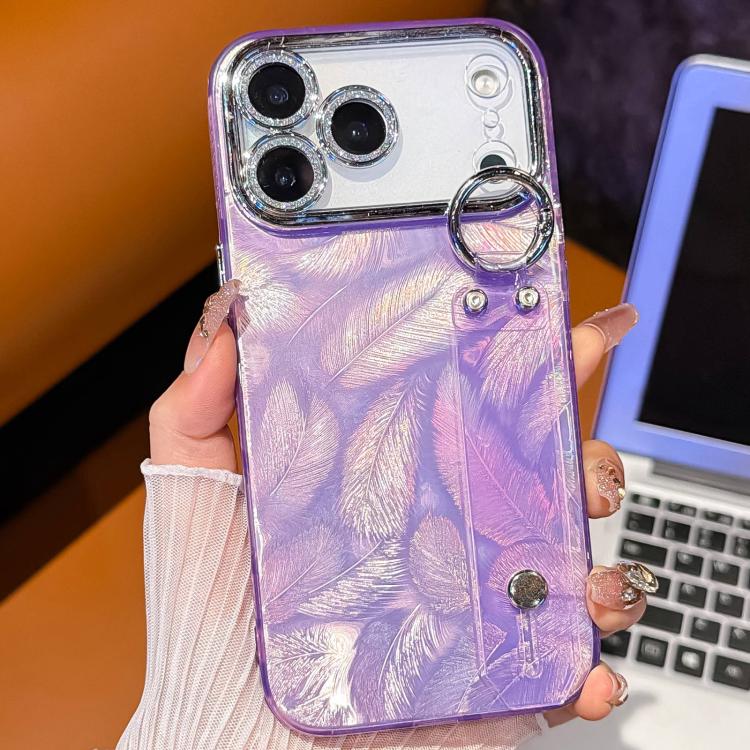 For iPhone 15 Plating Feather Texture Wristband Holder TPU Phone Case with Lens Film
