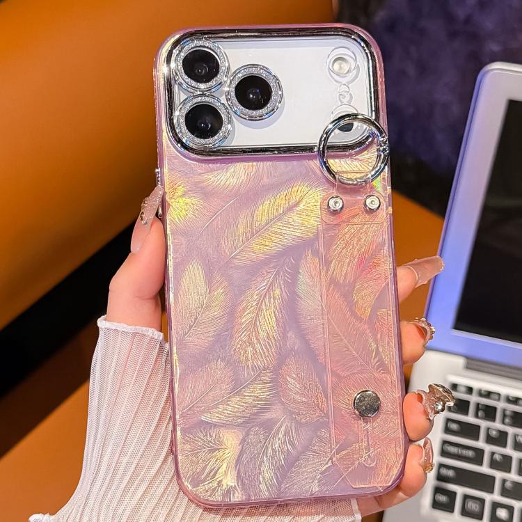For iPhone 14 Pro Max Plating Feather Texture Wristband Holder TPU Phone Case with Lens Film