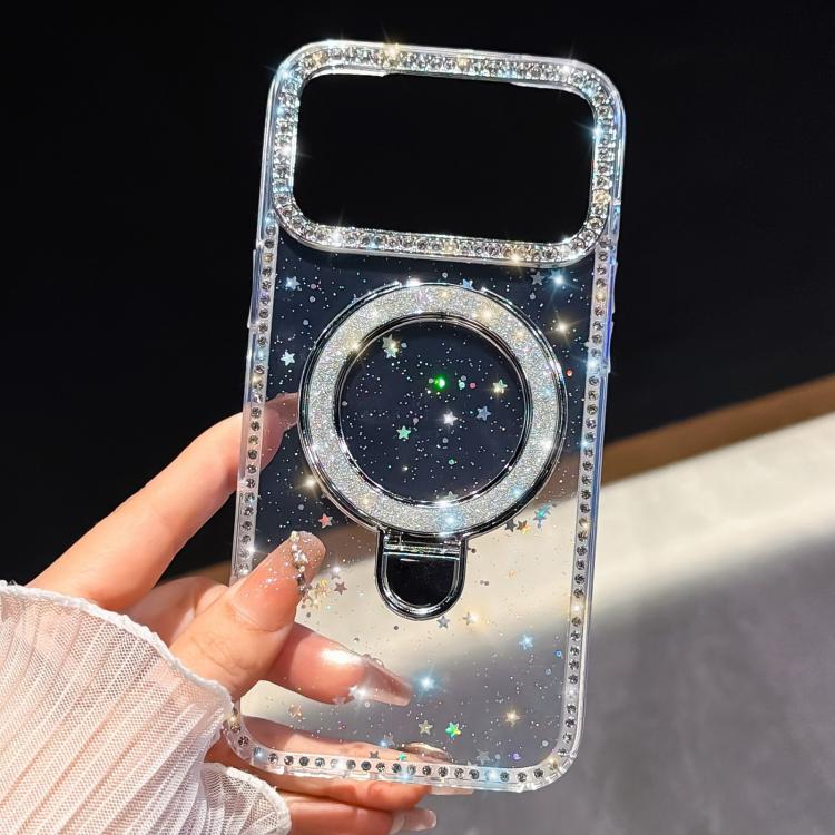 For iPhone 16 Pro Rhinestone Glitter Kickstand Dual-side IMD Phone Case