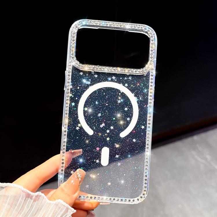 For iPhone 15 Pro Max Rhinestone Dual-side IMD PC Hybrid TPU Magnetic Phone Case