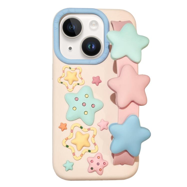 For iPhone 14 Plus Macaron Tones 3D Star TPU Phone Case with Star Wrist Strap