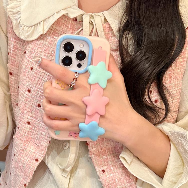 For iPhone 14 Pro Max Macaron Tones 3D Star TPU Phone Case with Star Wrist Strap