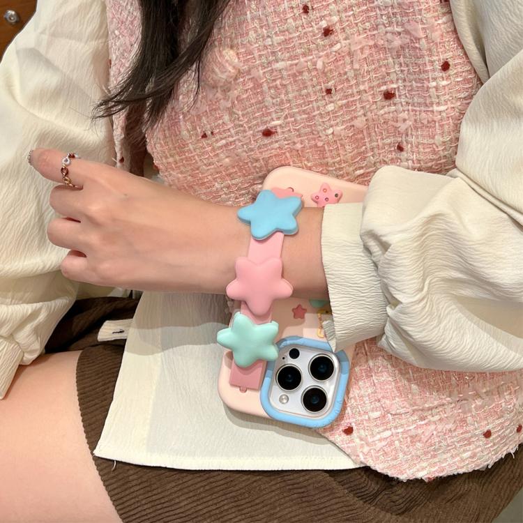 For iPhone 15 Plus Macaron Tones 3D Star TPU Phone Case with Star Wrist Strap