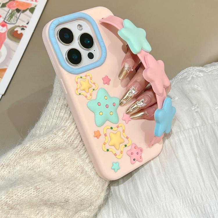 For iPhone 15 Pro Max Macaron Tones 3D Star TPU Phone Case with Star Wrist Strap