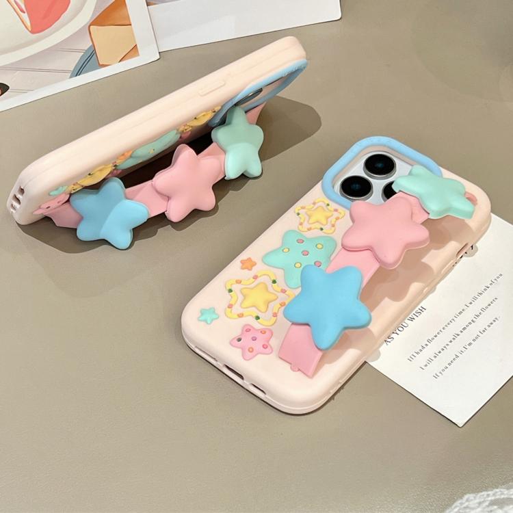 For iPhone 15 Pro Max Macaron Tones 3D Star TPU Phone Case with Star Wrist Strap