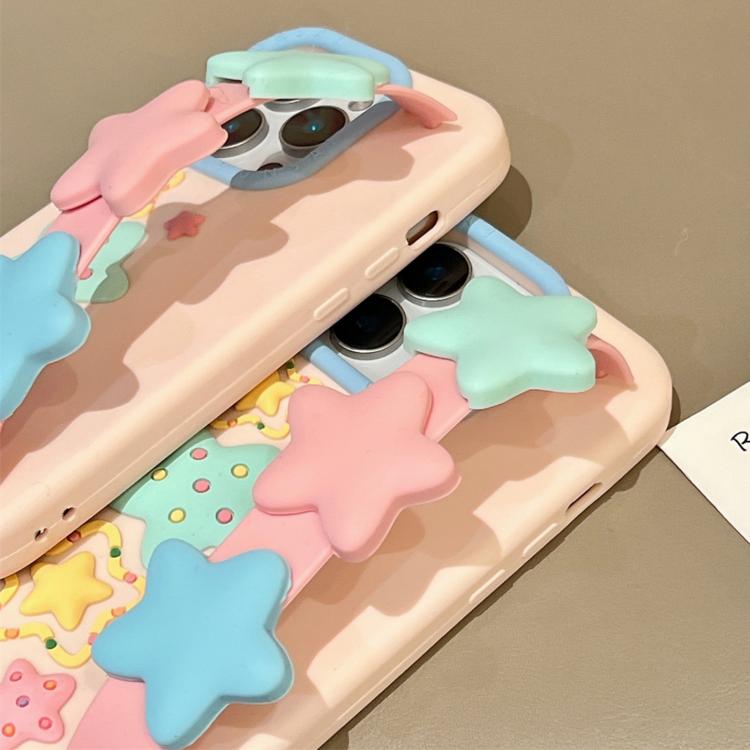 For iPhone 15 Pro Max Macaron Tones 3D Star TPU Phone Case with Star Wrist Strap