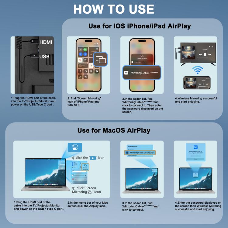USB-A to HDMI HD Screen Mirroring Cable Wireless Screen Mirroring Converter Cable with Adapter, Length:70cm