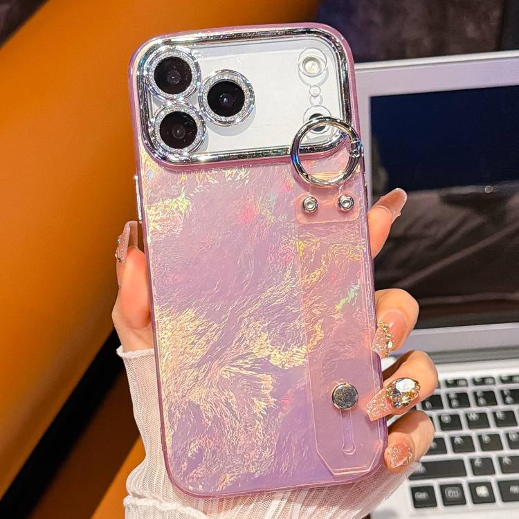 For iPhone 15 Pro Plating Foil-like Metallic Texture Wristband Holder TPU Phone Case with Lens Film