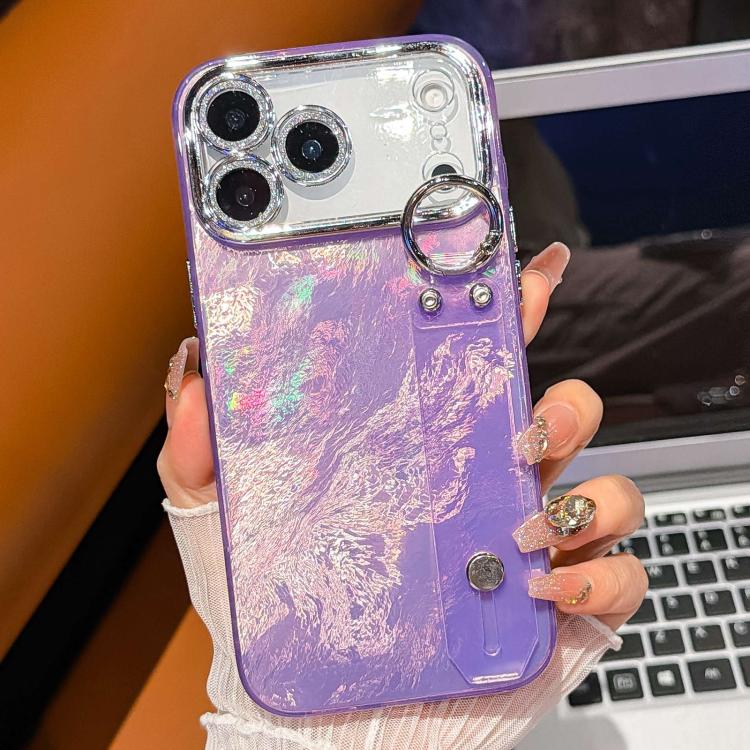 For iPhone 15 Plating Foil-like Metallic Texture Wristband Holder TPU Phone Case with Lens Film