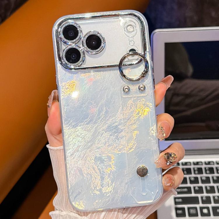 For iPhone 14 Pro Max Plating Foil-like Metallic Texture Wristband Holder TPU Phone Case with Lens Film