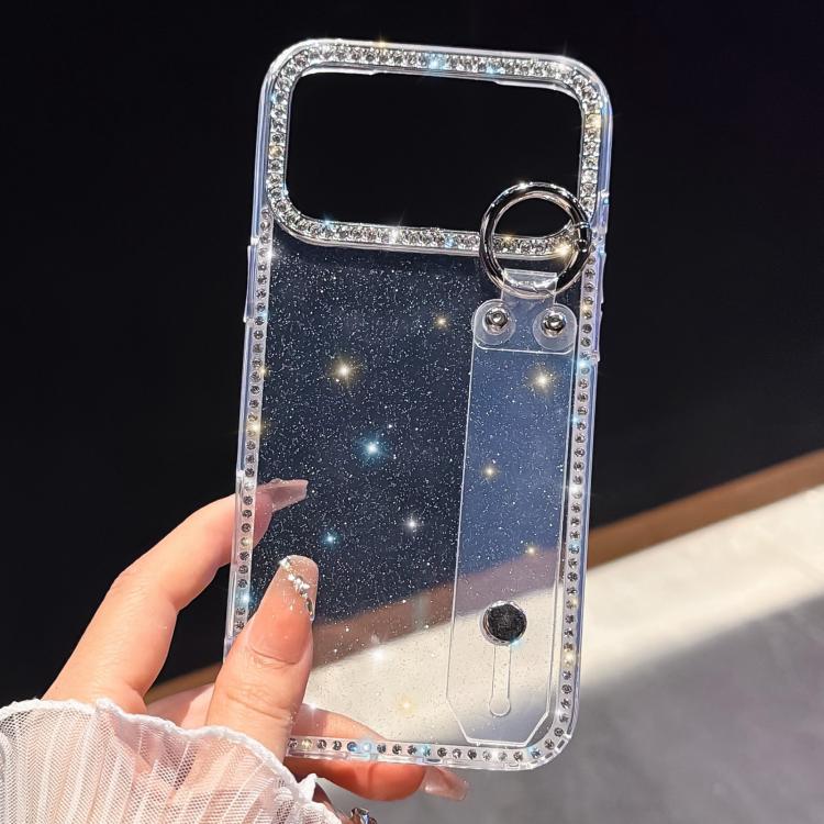 For iPhone 17 Pro Rhinestone Glitter Wristband Holder Phone Case