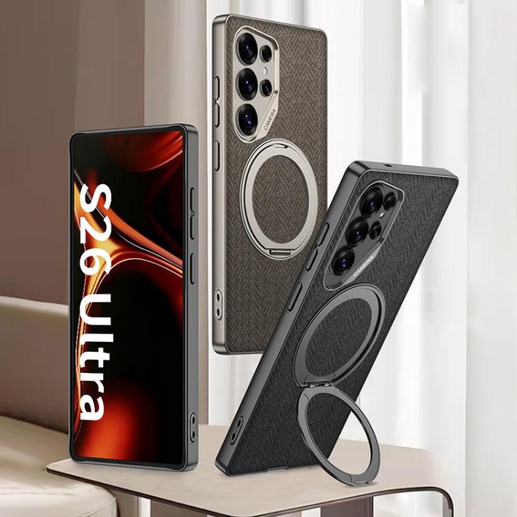 For Samsung Galaxy S26 Ultra 5G GKK Metal Paint Skin Feel Fabric Texture Leather Phone Case With Magnetic Rotating Holder, Not Included Pen