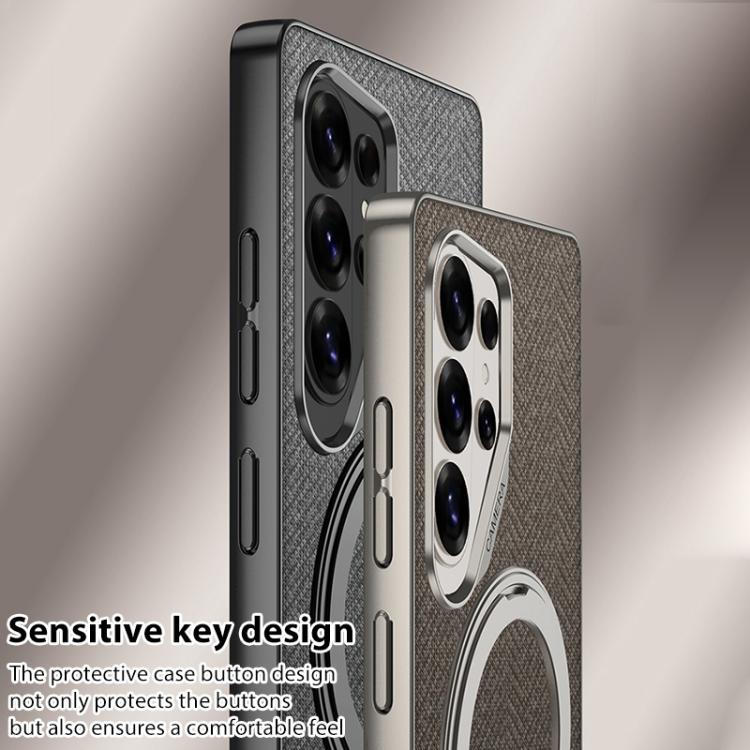 For Samsung Galaxy S26 Ultra 5G GKK Metal Paint Skin Feel Fabric Texture Leather Phone Case With Magnetic Rotating Holder, Not Included Pen