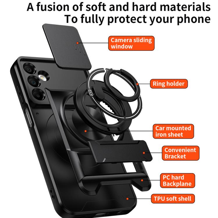 For Samsung Galaxy A15 5G Lens Sliding Window Multifunctional Magnetic Shockproof Phone Case
