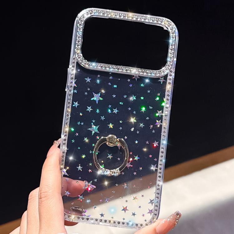 For iPhone 17 Rhinestone Ring Holder Dual-side IMD PC Hybrid TPU Phone Case