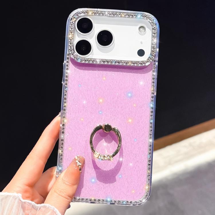 For iPhone 15 Pro Rhinestone Ring Holder Dual-side IMD PC Hybrid TPU Phone Case