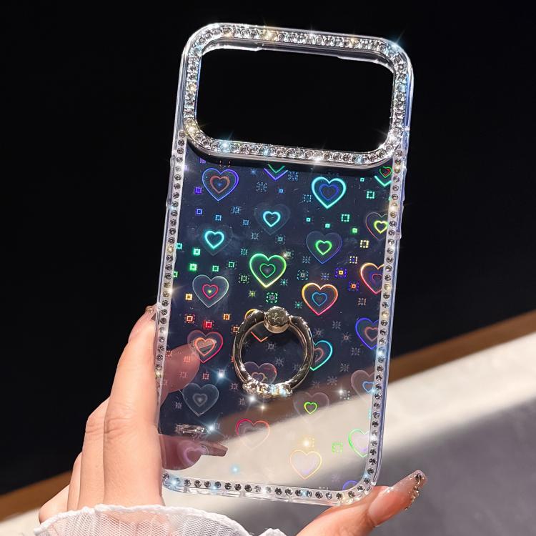 For iPhone 15 Rhinestone Ring Holder Dual-side IMD PC Hybrid TPU Phone Case