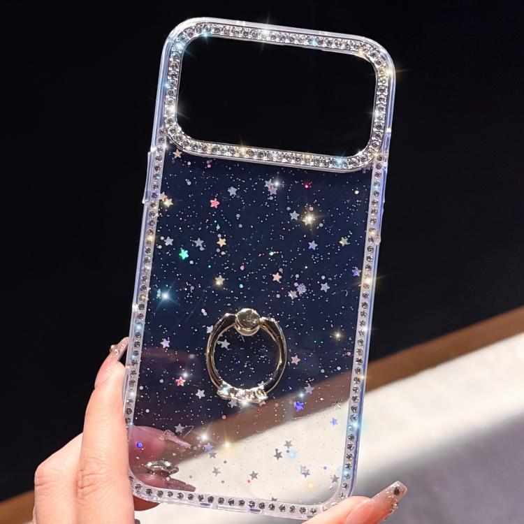 For iPhone 14 Rhinestone Ring Holder Dual-side IMD PC Hybrid TPU Phone Case