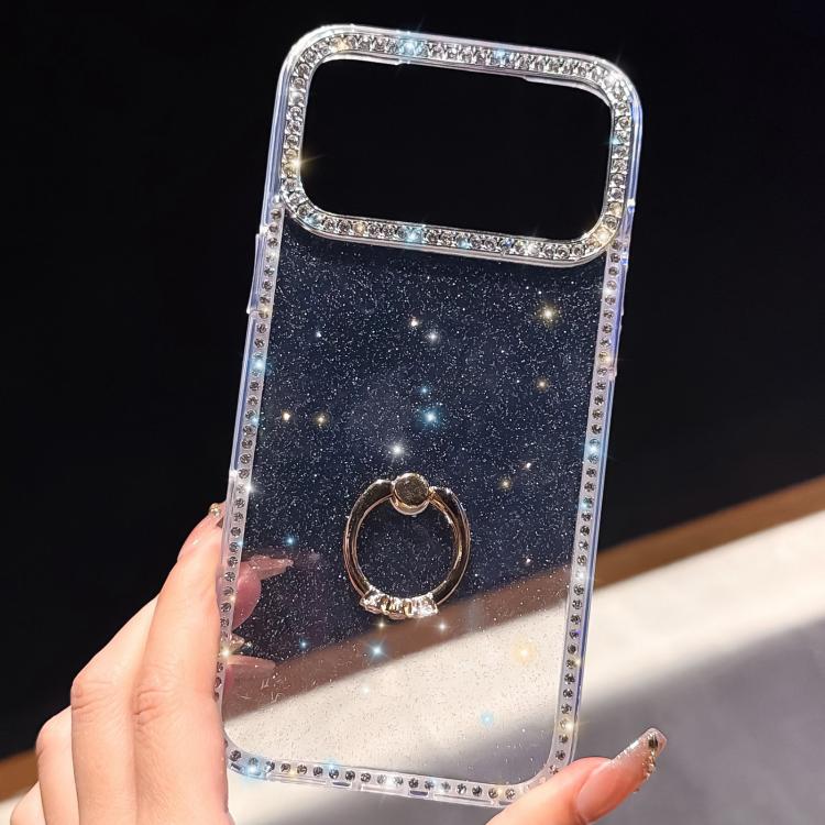 For iPhone 13 Pro Max Rhinestone Ring Holder Dual-side IMD PC Hybrid TPU Phone Case