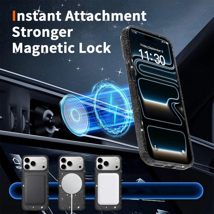 For iPhone 17 Pro Max Clear Glitter Magnetic PC Hybrid TPU Phone Case