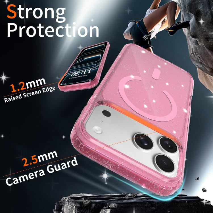 For iPhone 17 Pro Max Clear Glitter Magnetic PC Hybrid TPU Phone Case