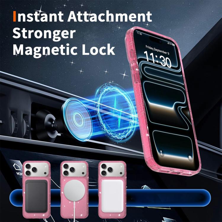 For iPhone 17 Pro Max Clear Glitter Magnetic PC Hybrid TPU Phone Case