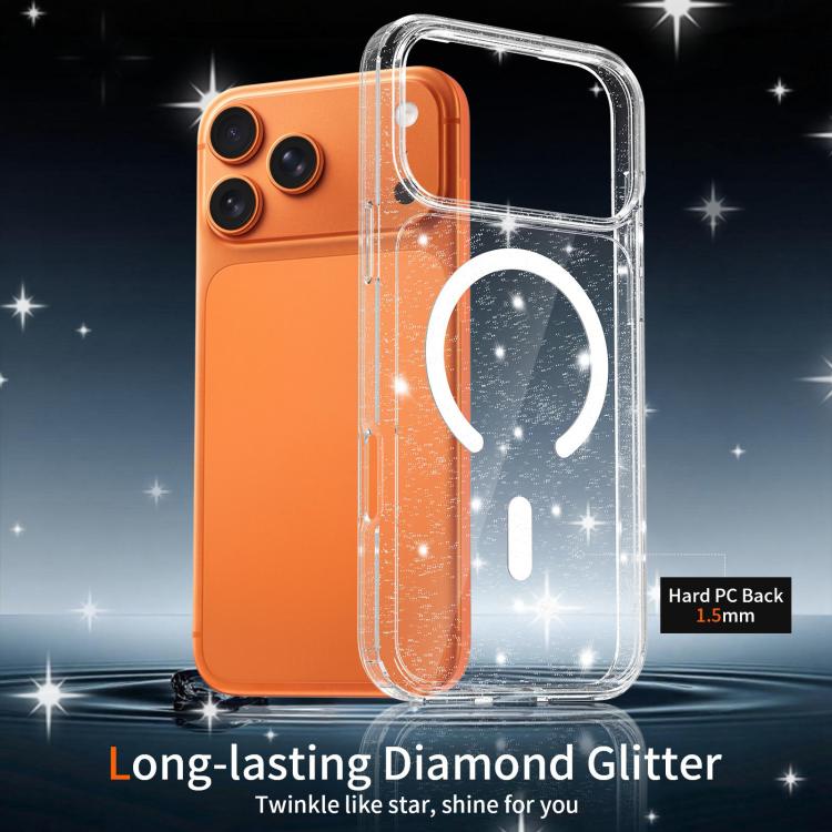 For iPhone 17 Pro Max Clear Glitter Magnetic PC Hybrid TPU Phone Case