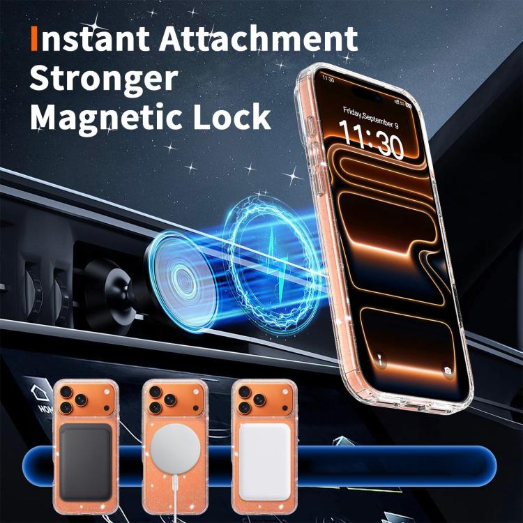 For iPhone 17 Pro Max Clear Glitter Magnetic PC Hybrid TPU Phone Case