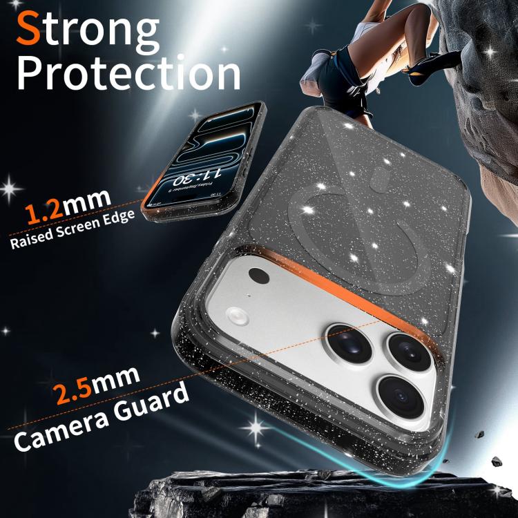 For iPhone 17 Pro Clear Glitter Magnetic PC Hybrid TPU Phone Case