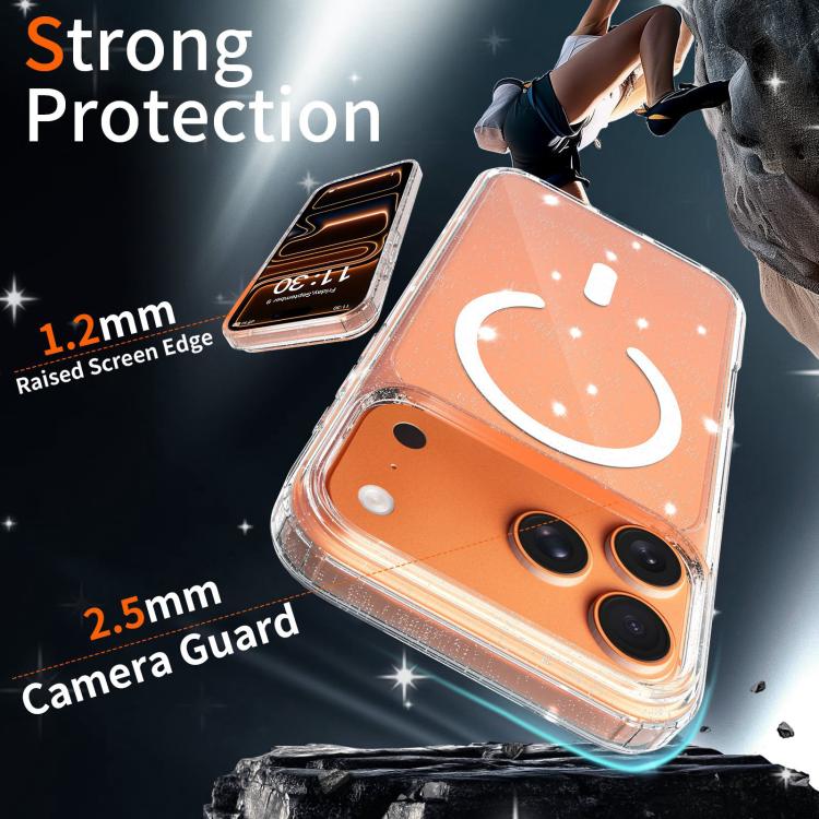 For iPhone 17 Pro Clear Glitter Magnetic PC Hybrid TPU Phone Case