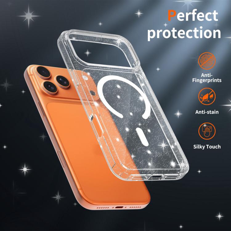 For iPhone 17 Pro Clear Glitter Magnetic PC Hybrid TPU Phone Case