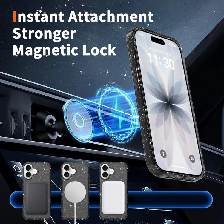 For iPhone 17 Clear Glitter Magnetic PC Hybrid TPU Phone Case