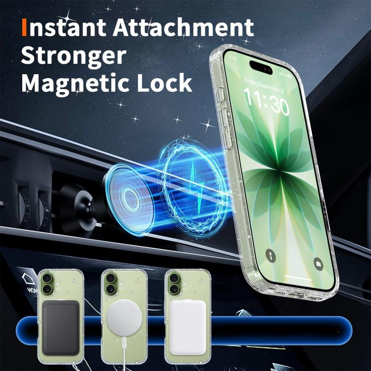 For iPhone 17 Clear Glitter Magnetic PC Hybrid TPU Phone Case