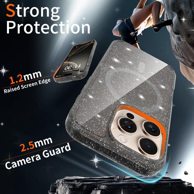 For iPhone 16 Pro Clear Glitter Magnetic PC Hybrid TPU Phone Case