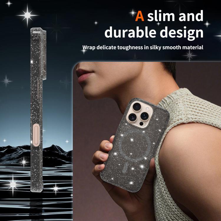 For iPhone 16 Pro Clear Glitter Magnetic PC Hybrid TPU Phone Case