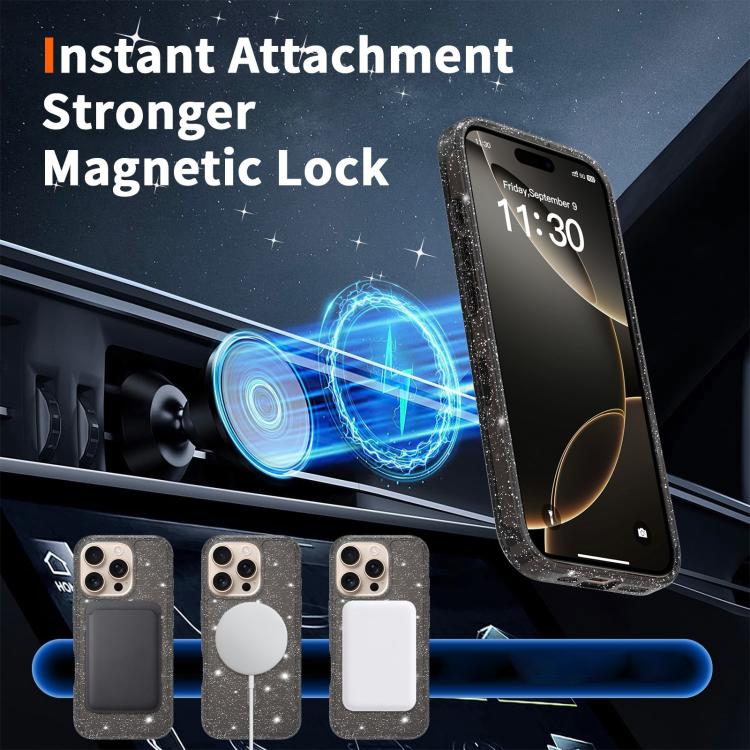 For iPhone 16 Pro Clear Glitter Magnetic PC Hybrid TPU Phone Case