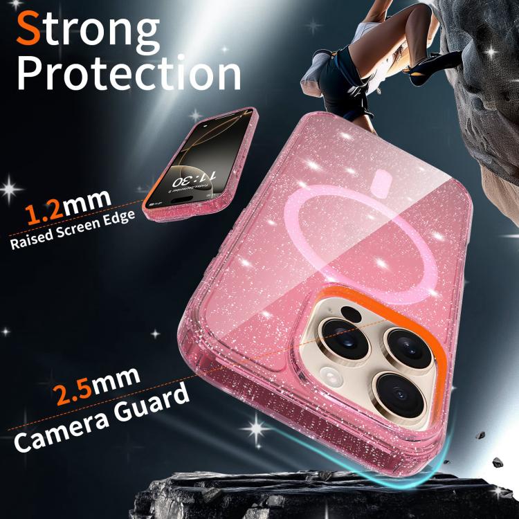 For iPhone 16 Pro Clear Glitter Magnetic PC Hybrid TPU Phone Case