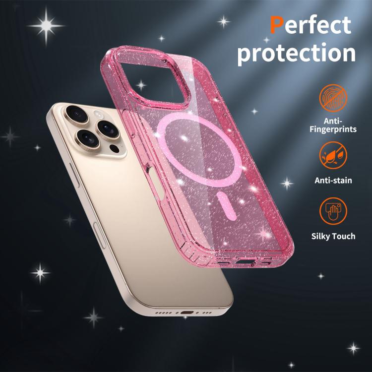 For iPhone 16 Pro Clear Glitter Magnetic PC Hybrid TPU Phone Case