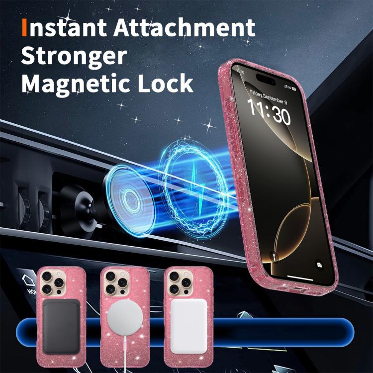 For iPhone 16 Pro Clear Glitter Magnetic PC Hybrid TPU Phone Case