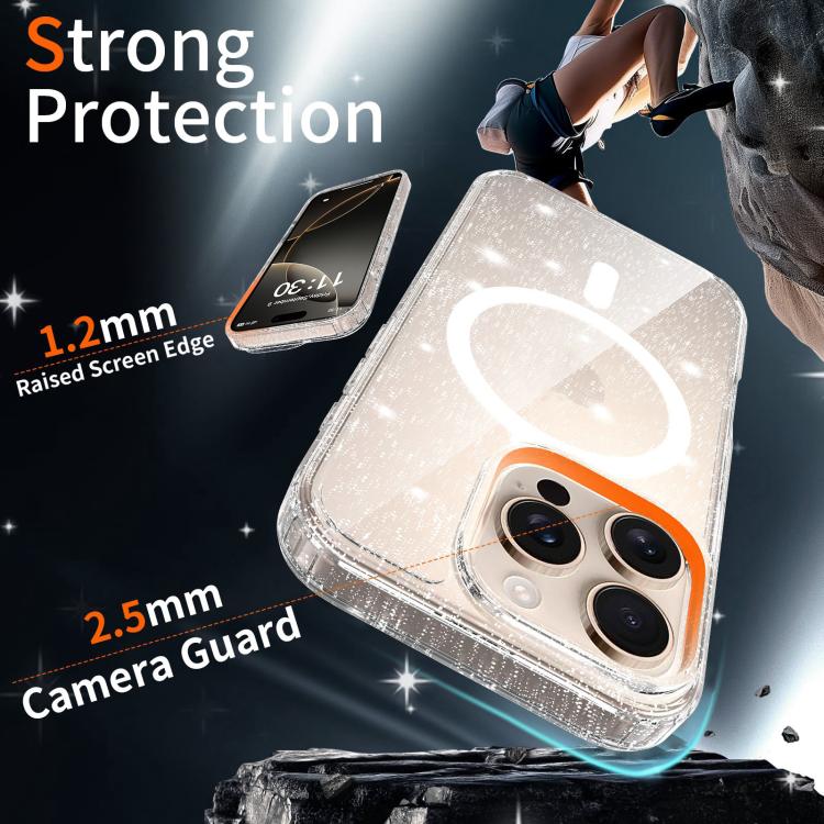 For iPhone 16 Pro Clear Glitter Magnetic PC Hybrid TPU Phone Case