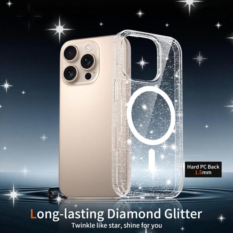 For iPhone 16 Pro Clear Glitter Magnetic PC Hybrid TPU Phone Case