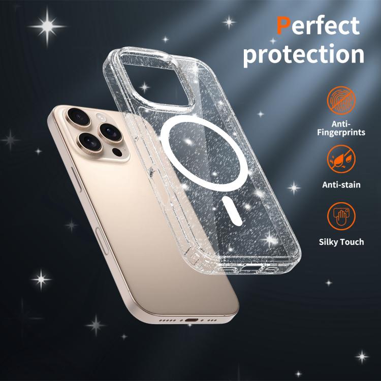 For iPhone 16 Pro Clear Glitter Magnetic PC Hybrid TPU Phone Case