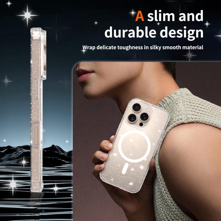 For iPhone 16 Pro Clear Glitter Magnetic PC Hybrid TPU Phone Case